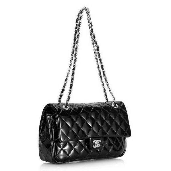 Chanel Classic 2.55 Series Flap Bag 1112 Black Patent Leather Silver Hardware