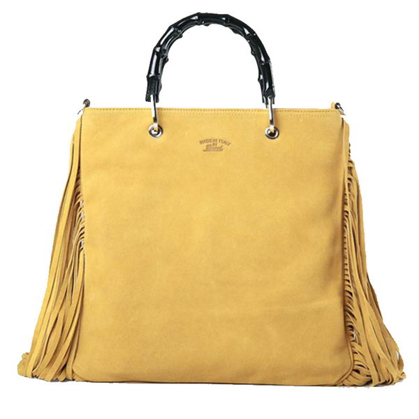 Gucci Bamboo Fringe Shopper Suede Tote Bag 349195 Yellow