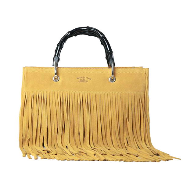 Gucci Bamboo Fringe Shopper Suede Tote Bag 349198 Yellow