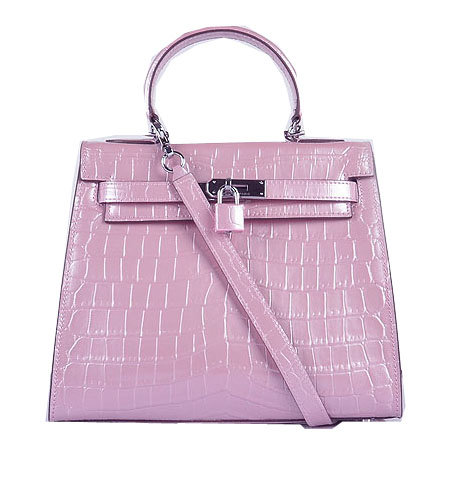 Hermes Kelly 28cm Shoulder Bags Pink Croco Patent Leather Silver