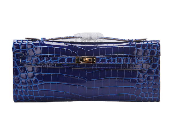 Hermes Kelly Clutch Bag Croco Leather K1002 Blue