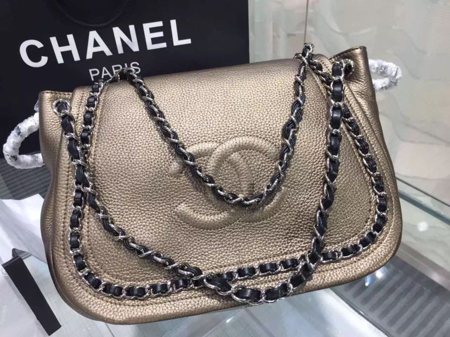 Chanel Grained pelle Vintage catena intorno Flap Borse a tracolla oro /