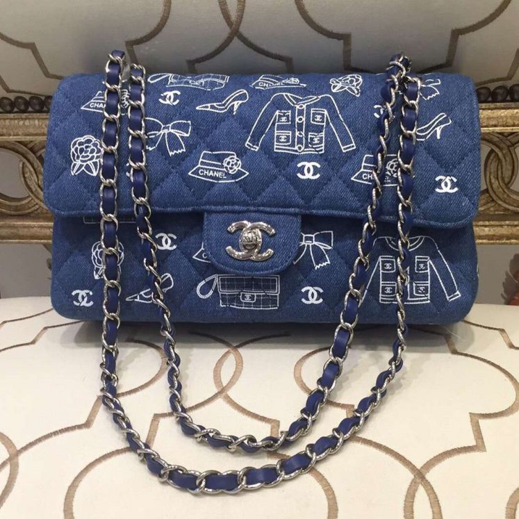 borse Chanel Logo stampato denim Classic Flap blu /