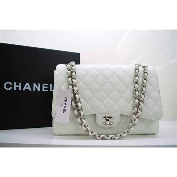 A47600 Chanel White Caviar Leather Flap Borse Maxi Con Silver Hw