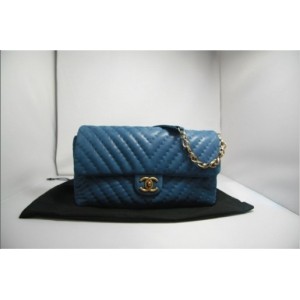 A50676 Chanel Classic Flap Borse Iridescente Blu Con Oro Hw