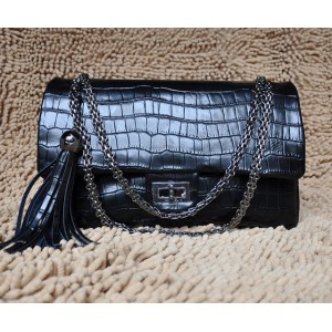 Chanel 2011 New Black Croc Veins Flap Bag In Pelle Nappa Recente