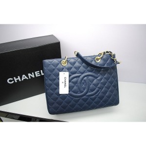 Chanel A50995 Dark Blue Caviar Leather Shopping Bags Gst