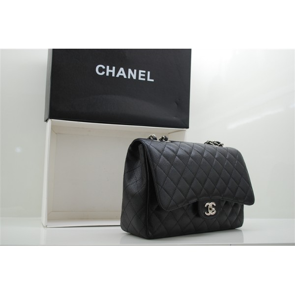 Chanel A47600 Caviar Black Leather Jumbo Flap Bag Argento Hw