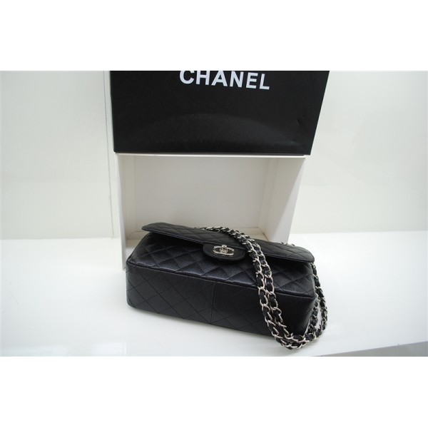 Chanel A47600 Caviar Black Leather Jumbo Flap Bag Argento Hw