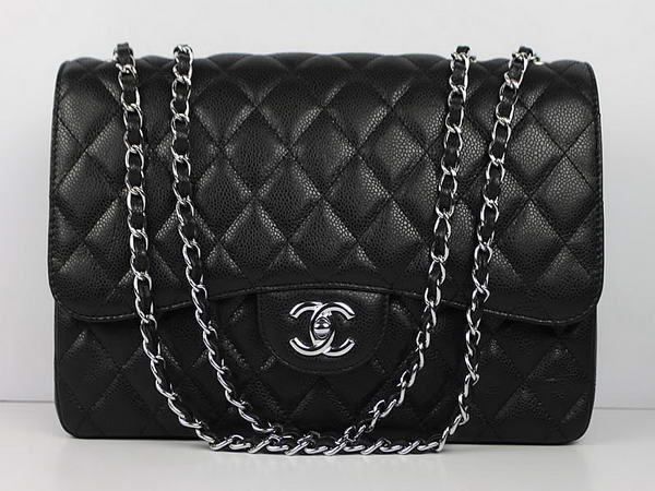 Chanel 2.55 Series Caviar Leather Large Flap Bag A36070 Black Silver