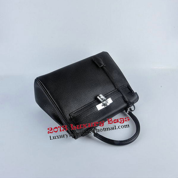Hermes Kelly 28cm Shoulder Bags Black Grainy Leather Silver