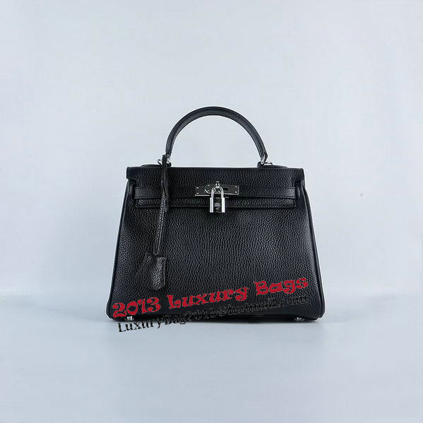 Hermes Kelly 28cm Shoulder Bags Black Grainy Leather Silver