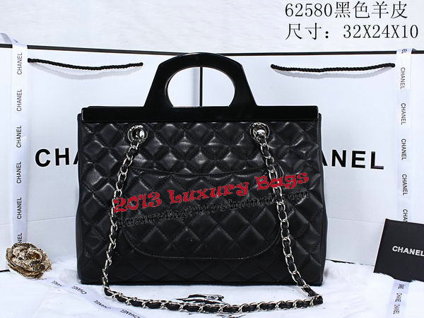 Chanel Shopping Bag Sheepskin Leather Rigid Handles A62580 Black