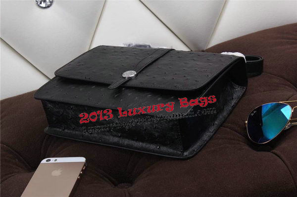 Hermes Ostrich Leather Flap Shoulder Bag H8075 Black