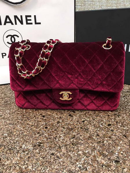 Chanel 2.55 Series Flap Bags Original Wine Velvet Leather A1112 Gold