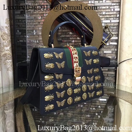 Gucci Sylvie Animal Studs Leather Top Handle Bag 431665 Black