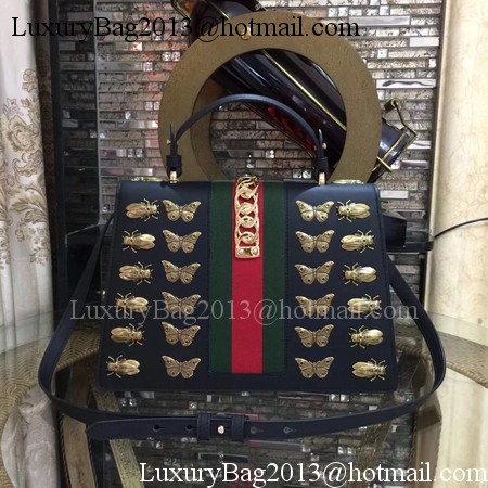 Gucci Sylvie Animal Studs Leather Top Handle Bag 431665 Black