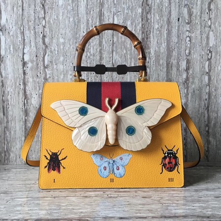 Gucci Leather Top Handle Bag with Moth 488691 Yellow