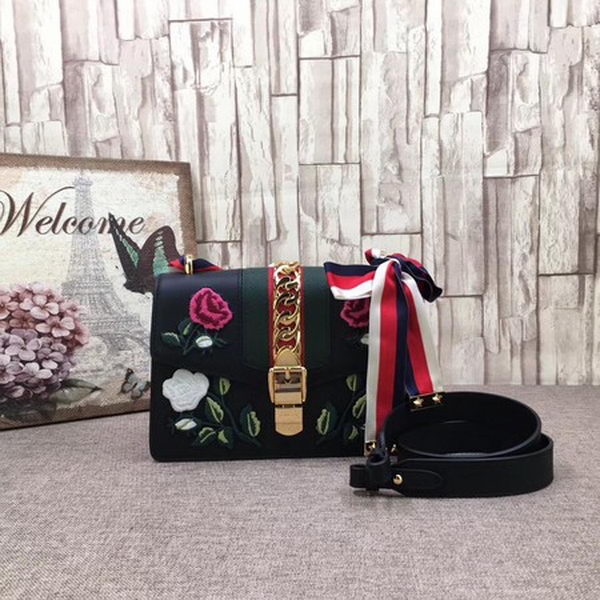 Gucci Sylvie Embroidered Leather Shoulder Bag ‎421882 Black