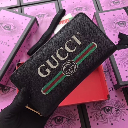 Gucci Print Leather Zip Around Wallet ‎496317 Black
