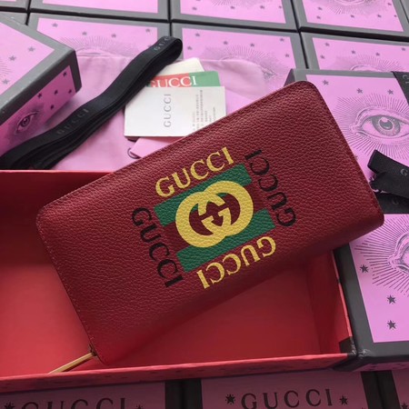 Gucci Print Leather Zip Around Wallet ‎496317 Red
