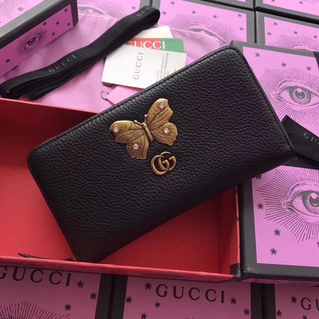 Gucci Leather Zip Around Wallet with Butterfly ‎499363 Black
