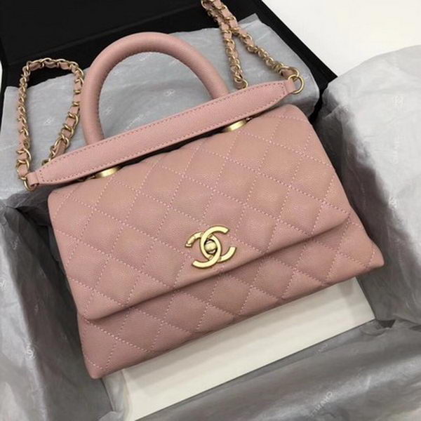 Chanel Classic Top Handle Bag Pink Cannage Pattern A92290 Gold