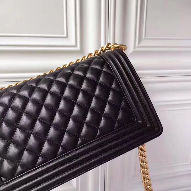 Chanel Boy Flap Original Sheepskin Leather Shoulder Black Bag A67086 Gold