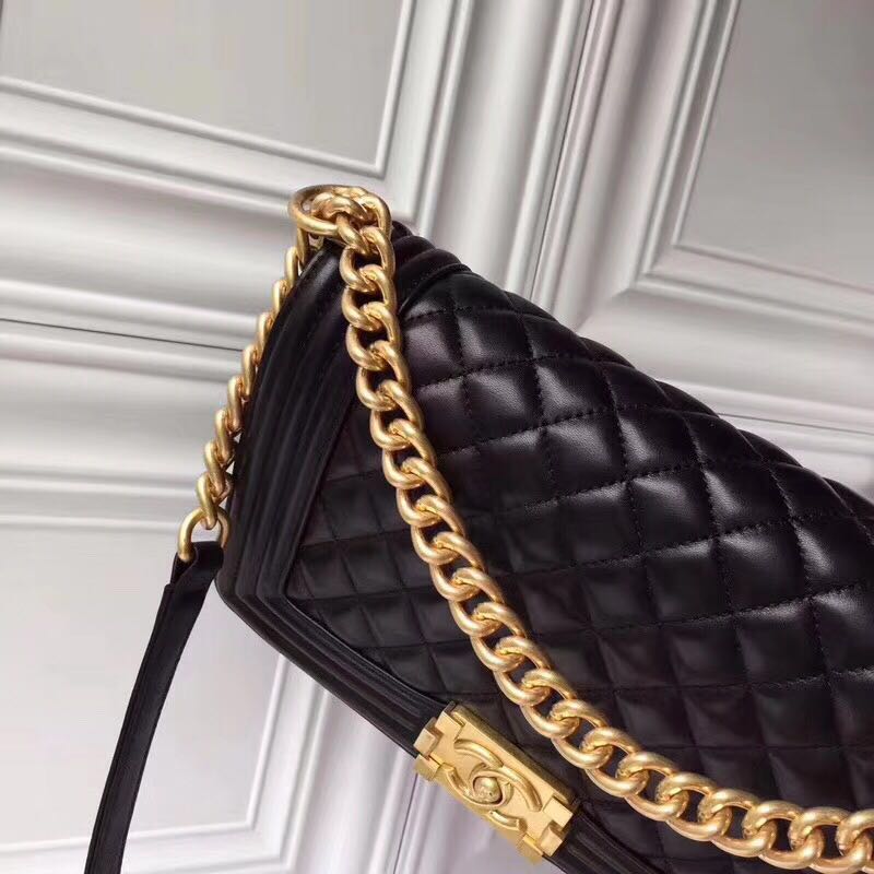 Chanel Boy Flap Original Sheepskin Leather Shoulder Black Bag A67086 Gold