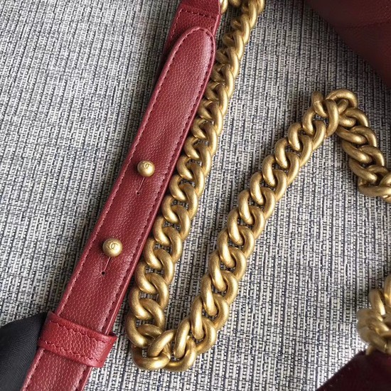 Chanel Le Boy Flap Shoulder Bag Original Caviar Leather P67085 Deep red Gold Buckle