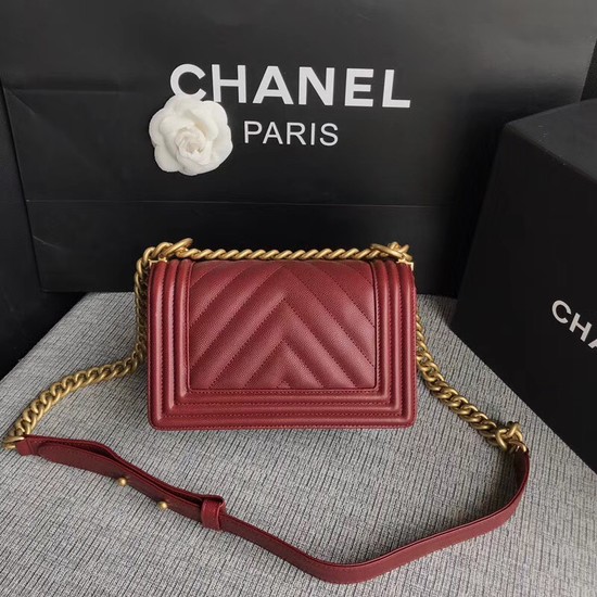 Chanel Le Boy Flap Shoulder Bag Original Caviar Leather P67085 Deep red Gold Buckle