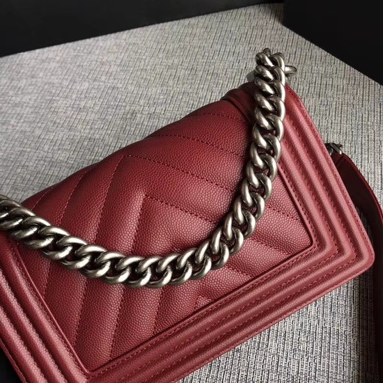 Chanel Le Boy Flap Shoulder Bag Original Caviar Leather P67085 Deep red silver Buckle