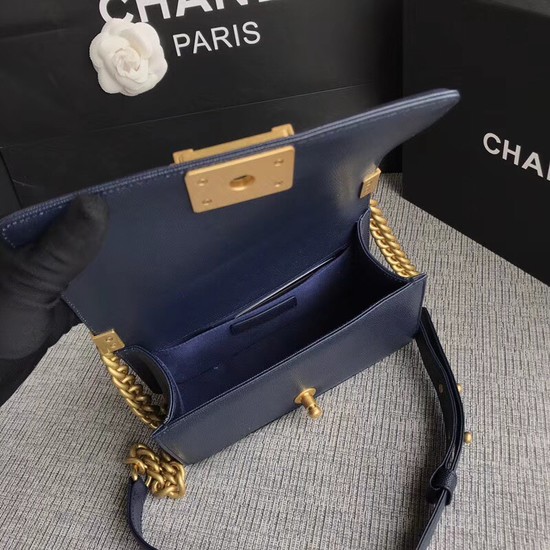 Chanel Le Boy Flap Shoulder Bag Original Caviar Leather P67085 dark blue Gold Buckle