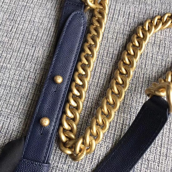 Chanel Le Boy Flap Shoulder Bag Original Caviar Leather P67085 dark blue Gold Buckle