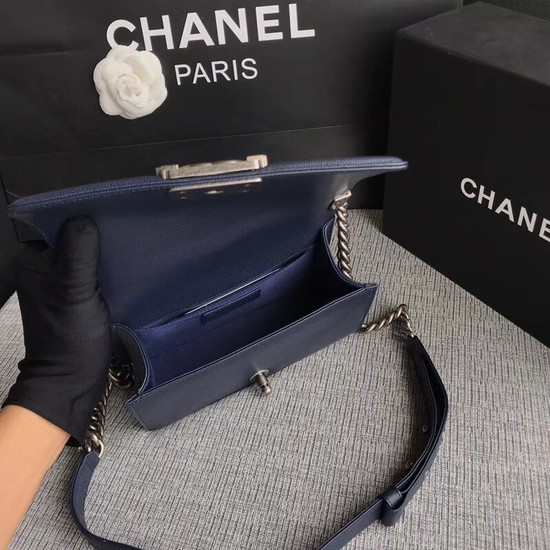 Chanel Le Boy Flap Shoulder Bag Original Caviar Leather P67085 dark blue silver Buckle