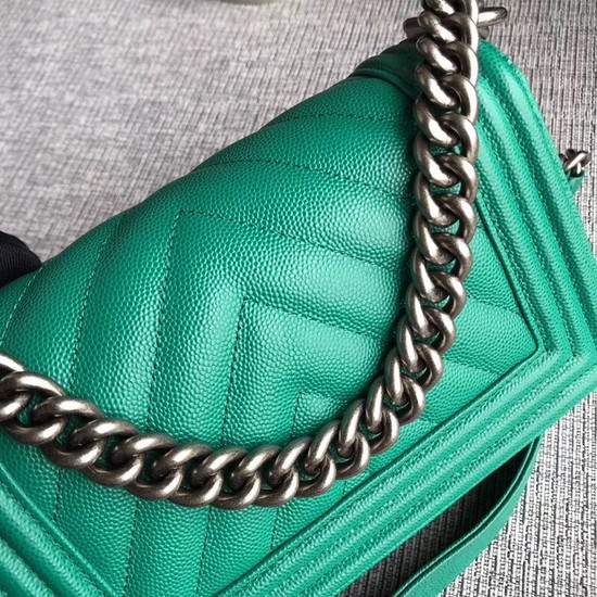 Chanel Le Boy Flap Shoulder Bag Original Caviar Leather P67085 green silver Buckle