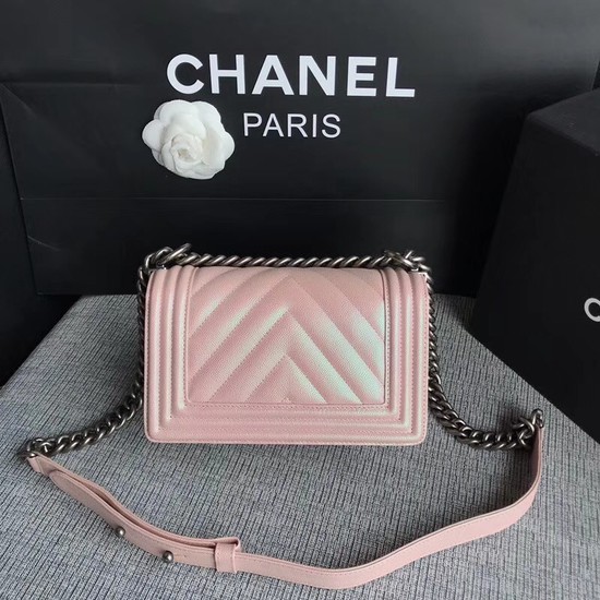 Chanel Le Boy Flap Shoulder Bag Original Caviar Leather P67085 pink silver Buckle