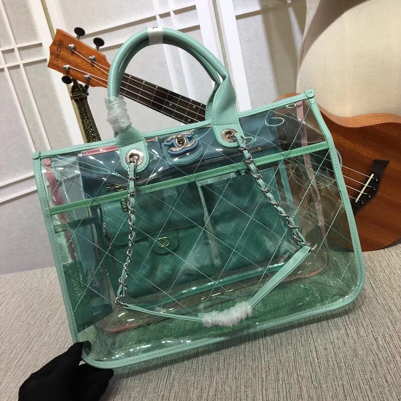 Chanel transparent Calf leather Tote Shopping Bag 8048 green