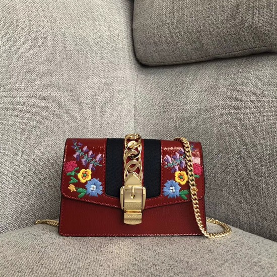 GUCCI Sylvie floral embroidered leather cross-body clutch 494646 red