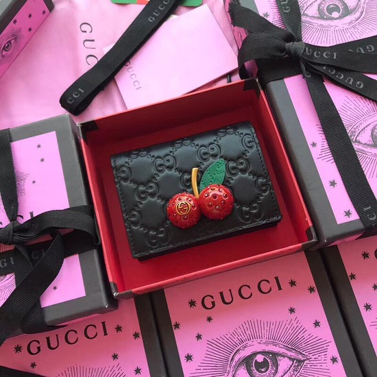 Gucci Signature card case with cherries 476050 Black