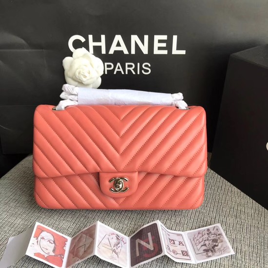 Chanel Flap Original Lambskin Leather Shoulder Bag 1112V watermelon red silver chain