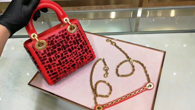 MINI LADY DIOR BAG WITH CHAIN IN RED SMOOTH CALFSKIN EMBROIDERED WITH A MOSAIC OF MIRRORS M0598