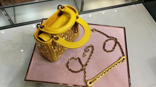 MINI LADY DIOR BAG WITH CHAIN SMOOTH CALFSKIN EMBROIDERED WITH A MOSAIC OF MIRRORS M0598 yellow