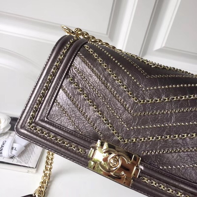 BOY CHANEL Handbag Crumpled Calfskin & Gold-Tone Metal A67086 brown