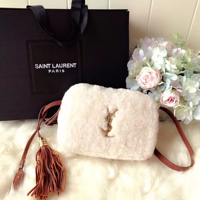 SAINT LAURENT Lambswool leather quilted shoulder bag Y538012 white