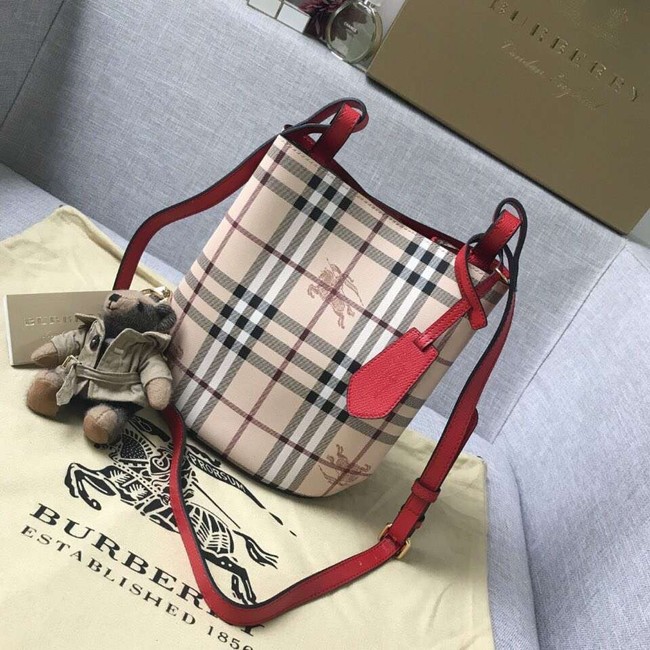 BURBERRY Banner small vintage check and leather tote Bag 9657 red