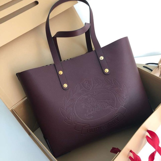 BURBERRY Embossed crest leather tote 13134 Burgendy
