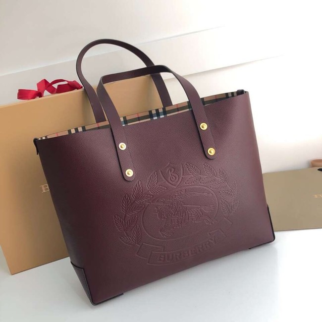 BURBERRY Embossed crest leather tote 13134 Burgendy