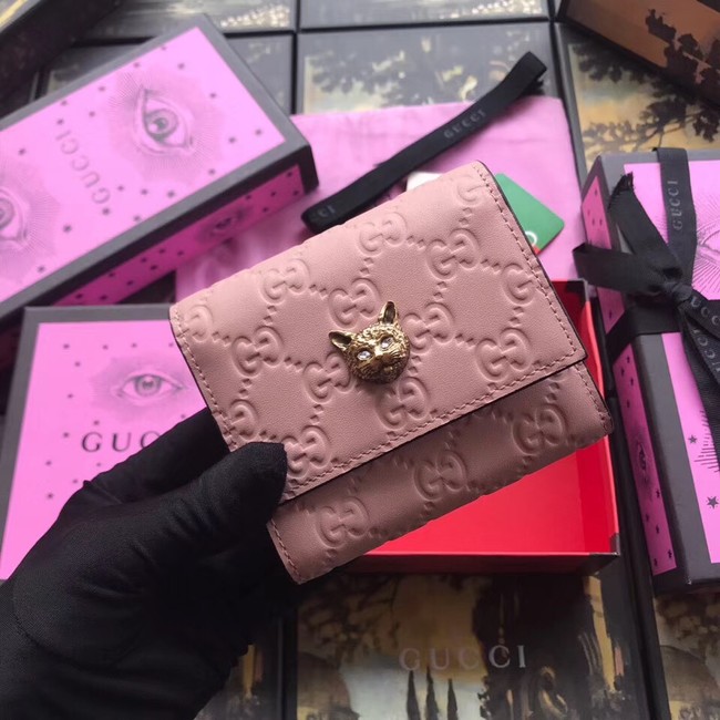 Gucci Signature card case with cat 548050 pink