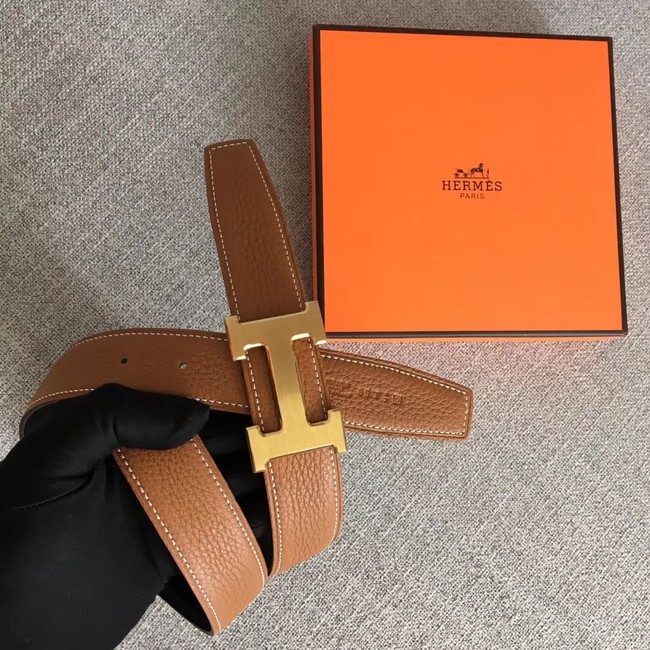Hermes original togo 2 belt buckle & Reversible leather strap 32 mm H06454 brown  gold plated metal 